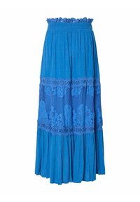 Maxi rok in felblauw, met een gerimpelde elastische tailleband, gelaagde kantinzetten en een uitlopende zoom met geaccentueerde textuur.