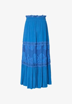 Maxi nederdel i lys blå, med en rynket elastisk talje, lagdelte blonder og en udvidet kant med indsamlet tekstur.