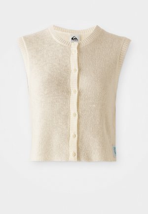 Cream-colored sleeveless sweater made from textured knit fabric, featuring a round neckline, front buttons, and a small logo tag on the side.