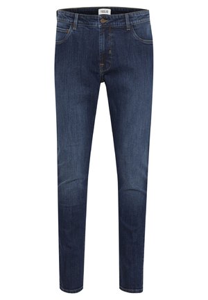 Dark blue denim jeans with a slim fit, featuring five pocket design, a front button and zipper closure, and subtle fading on the legs.