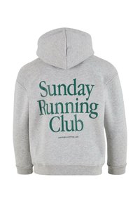 Felpa con cappuccio grigia con la scritta "Sunday Running Club" stampata in verde scuro sul retro, con polsini e orlo inferiore a costine.