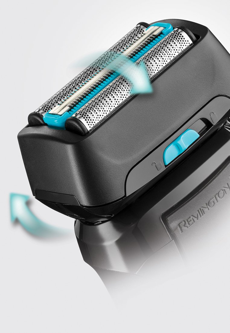 Cabezal de maquinilla de afeitar eléctrica con un cuerpo negro, acentos azules y una lámina de acero inoxidable. Superficie texturizada con finas perforaciones para una mayor eficiencia en el afeitado.