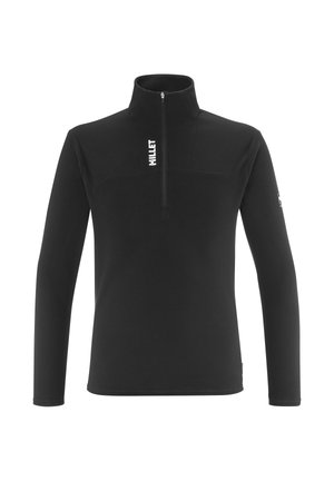 Black fleece pullover with a high collar, half zip, and long sleeves. Features a small logo on the collar and textured fabric.