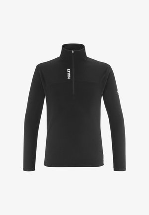 Black fleece pullover with a high collar, half zip, and long sleeves. Features a small logo on the collar and textured fabric.