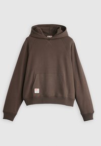 Felpa marrone con cappuccio, polsini e orlo a costine. Presenta una tasca frontale e una toppa con logo in basso a sinistra. Tessuto morbido.