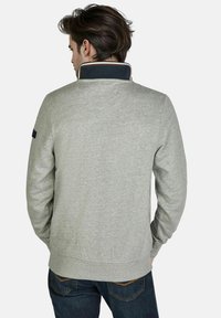 Grijze sweatshirt met een brede kraag met een donkere rand, geribbelde manchetten en zoom, gemaakt van zachte stof, gezien vanaf de achterkant.