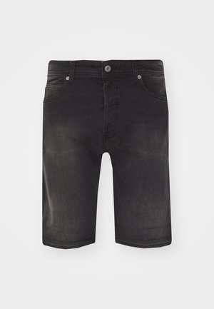 Schwarze Denim-Shorts mit regulärer Passform, fünf Taschen und einer vorderen Knopfleiste. Glatte Textur und leicht verwaschener Look.