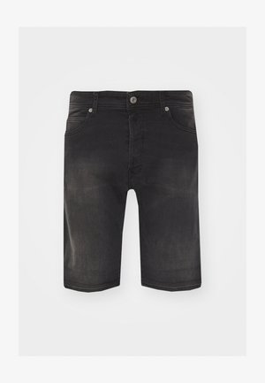 Black denim shorts with a standard fit, five pockets, and a front button closure. Smooth texture and slightly faded finish.