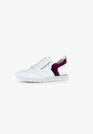 White leather sneaker with a maroon suede accent, lace-up design, side zipper detail, and a textured rubber sole.
