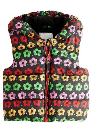 Kolorowa kamizelka puchowa z czarnym tłem i wielokolorowymi wzorami kwiatowymi, z zapięciem na zamek błyskawiczny oraz kapturem wykończonym miękkim materiałem.