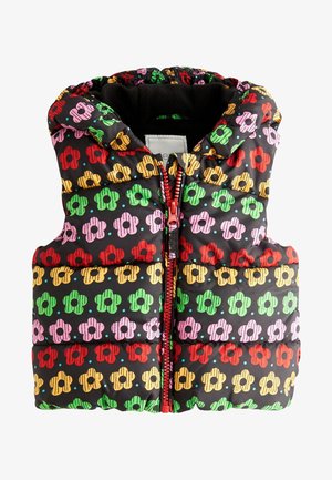 Gilet rembourré coloré avec un fond noir orné de motifs floraux multicolores, fermeture éclair et capuche doublée de tissu doux.