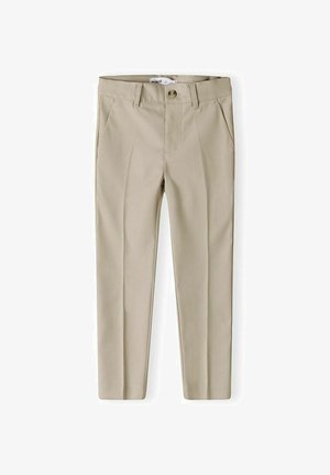 Pantaloni color beige a taglio aderente con passanti per cintura, due tasche frontali e chiusura con bottone in vita.