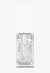 Genomskinlig läppolja i en transparent glasflaska med ett vitt lock. Har texten "LÄPPOLJA" och "7 OLJOR" på framsidan.