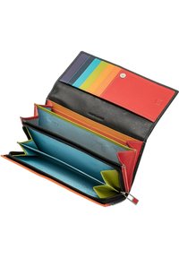 Portafoglio in pelle multicolore con molteplici scomparti, caratterizzato da texture lisce, un esterno nero e colori interni vivaci tra cui blu, arancione e verde.