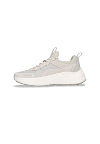 Hellgraue Sneaker aus Mesh und Wildleder, runde Zehenform, Schnürdesign und eine voluminöse weiße Sohle. Verfügt über dezente Perforationen und eine Zuglasche.