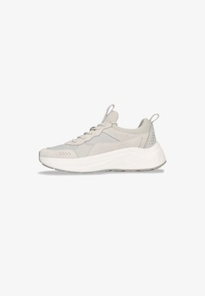 Light gray sneaker with mesh and suede materials, round toe, lace-up design, and a chunky white sole. Features subtle perforations and a pull tab.