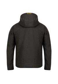 Mörkgrå fleecejacka med hög krage och huva. Har en enkel design, texturerad yta och inga synliga logotyper eller utsmyckningar.