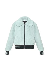 Giacca in pelliccia sintetica verde chiaro con chiusura a cerniera, ampio colletto e polsini neri a coste. Presenta dettagli a righe sulla fascia in vita.