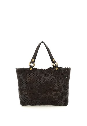 Borsa tote nera con design floreale tagliato al laser, bordo superiore smerlato e due manici con anelli dorati.