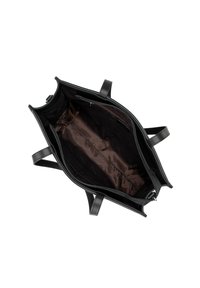 Borsa in pelle nera con due manici, apertura ampia e fodera in tessuto marrone scuro e liscio. L'interno presenta una tasca con zip e un motivo con logo.