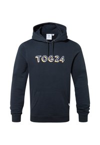 Navy blue hooded sweatshirt with front pocket and "TOG24" logo in white and yellow on chest. Drawstrings at hood visible.