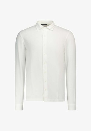 Witte lange mouwen overhemd met knopen en kraag, gemaakt van lichtgewicht stof, weergegeven op een effen witte achtergrond.