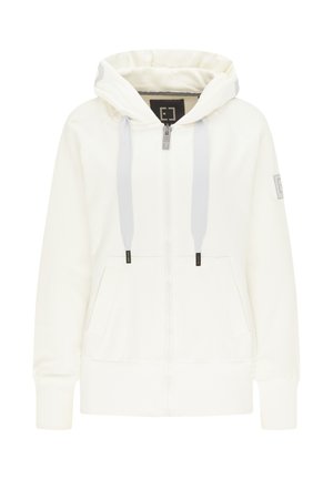 Weißer Zip-Hoodie mit Kapuze, grauen Kordeln und zwei Fronttaschen. Hat gerippte Bündchen und ein Logo-Patch am Ärmel.