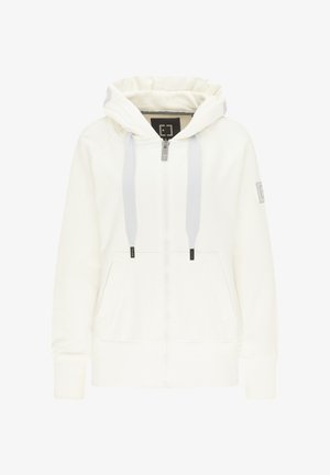Weißer Zip-Hoodie mit Kapuze, grauen Kordeln und zwei Fronttaschen. Hat gerippte Bündchen und ein Logo-Patch am Ärmel.