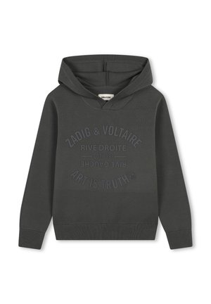 Sweat-shirt à capuche en coton gris foncé. Présente un imprimé graphique sur le devant avec "L'ART EST LA VÉRITÉ" et des poignets et un ourlet côtelés. Texture lisse.