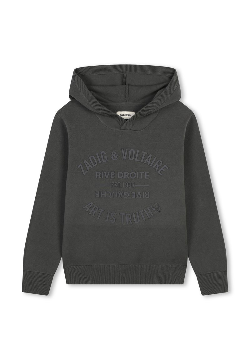 Grijze katoenen hoodie met capuchon. Voorzien van een grafische print aan de voorkant met "KUNST IS WAARHEID" en ribgebreide mouwen en zoom. Glad textuur.