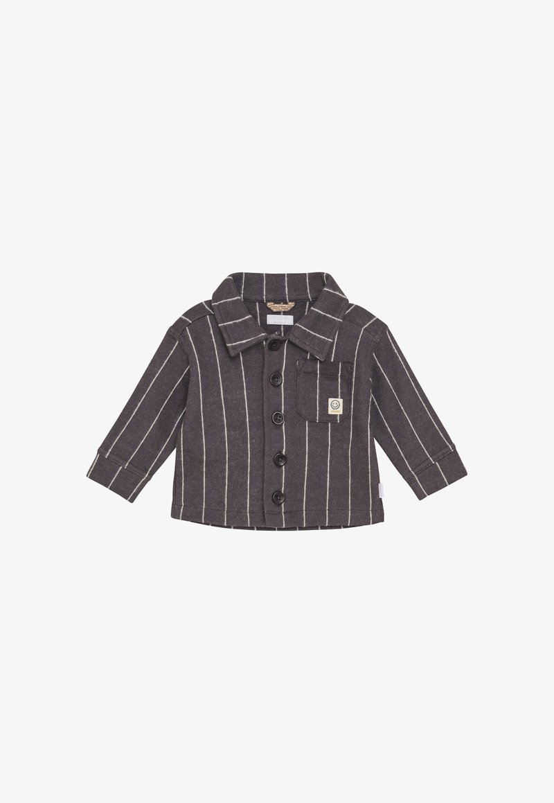 Dark gray long-sleeve baby shirt with white vertical stripes, front buttons, collar, and a small chest pocket with a smiley face label.