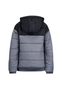 Daunenjacke mit zweifarbigem Design, dunkler marinefarbener Oberseite und hellgrauem Körper, gestepptem Muster, abnehmbarer Kapuze und gerippten Bündchen.