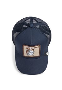 Navy blue baseball cap with mesh back, featuring a brown patch with a squirrel illustration and the text "NUTS." Structured shape with a curved brim.