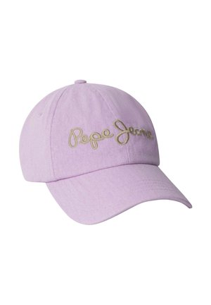 Light purple baseball cap with beige embroidered "Pepe Jeans" logo on front and curved brim.