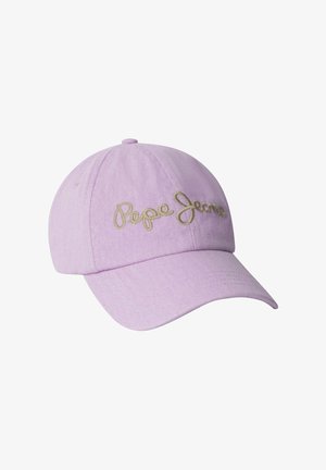 Hellviolette Baseballkappe mit beigem, besticktem "Pepe Jeans" Logo vorne und gebogenem Schirm.