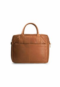 Braune Leder-Laptoptasche mit doppelten Griffen, Reißverschluss und einer vorderen Tasche. Edle, glatte Textur mit Stichdetails an den Seiten.