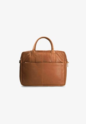 Brown leather laptop bag with dual handles, zip closure, and a front pocket. Smooth texture with stitching details on sides.