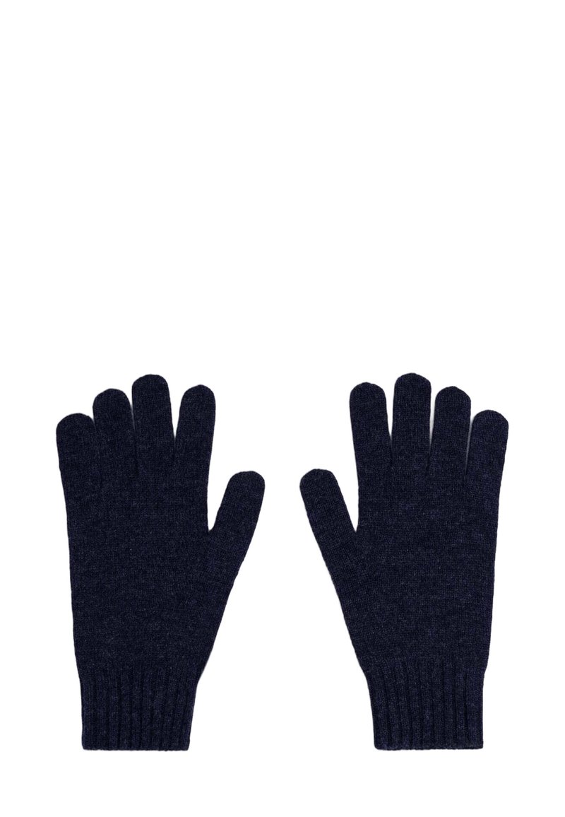 Guantes de punto azul marino con cinco dedos, puño acanalado y una textura suave, diseñados para brindar calor y comodidad en condiciones frías.