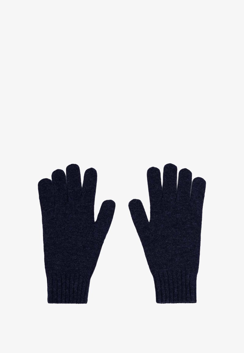 Guantes de punto azul marino con cinco dedos, puño acanalado y una textura suave, diseñados para brindar calor y comodidad en condiciones frías.