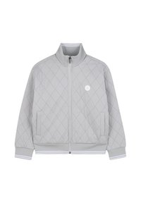 Veste matelassée gris clair avec un col montant, une fermeture éclair à l'avant, deux poches latérales et des accents rayés blancs aux poignets et à l'ourlet.