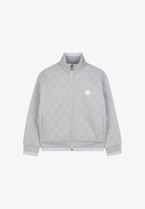 Lichtgrijze gevoerde jas met een hoge kraag, een ritssluiting aan de voorkant, twee zijzakken en witte gestreepte accenten op de manchetten en de zoom.