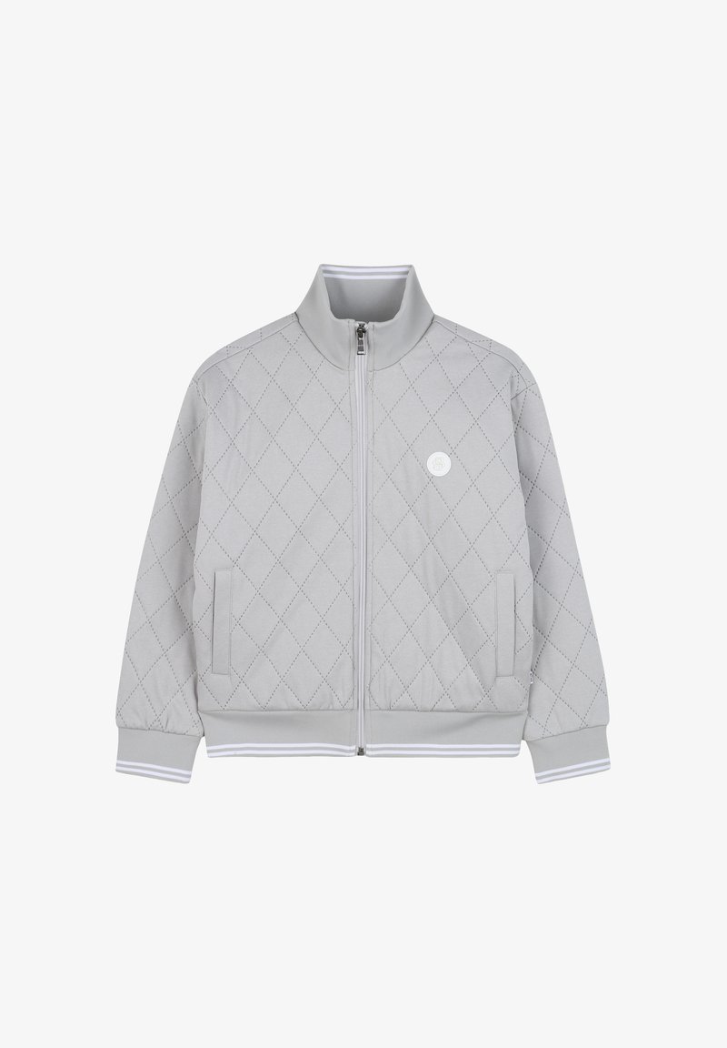 Veste matelassée gris clair avec un col montant, une fermeture éclair à l'avant, deux poches latérales et des accents rayés blancs aux poignets et à l'ourlet.