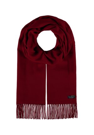 Sciarpa rossa realizzata in tessuto morbido, caratterizzata da un design ad anello e lunghe frange; include un piccolo cartellino del marchio su un lato.