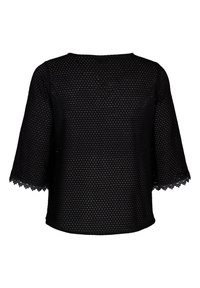 Haut noir en maille semi-transparente avec manches longueur coude et bordure en dentelle festonnée sur les manches, vu de dos sur fond blanc.