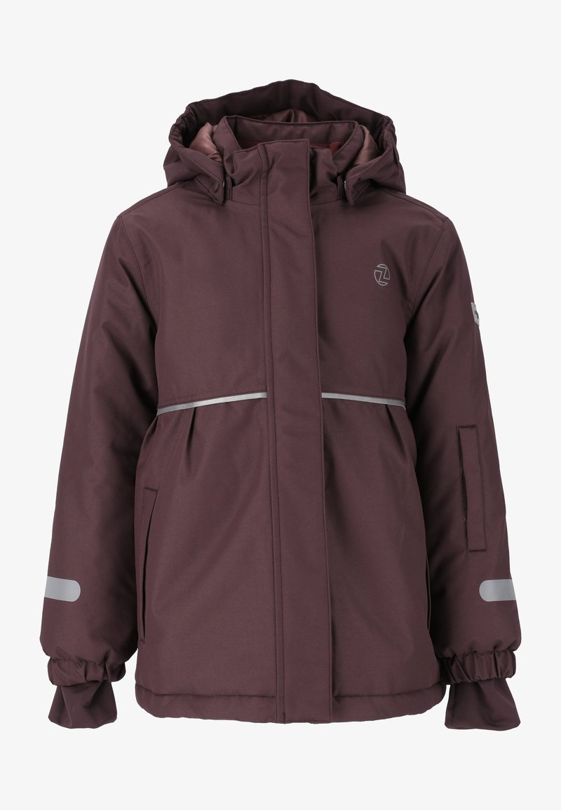 Bordeaux roodbeschermde jas met een capuchon, voorzien van zilveren reflecterende strepen, voorkwakken en elastische manchetten. Soepele, duurzame stofstructuur.