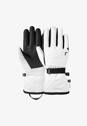 Weisse Softshell-Handschuhe mit schwarzem Lederinnenhand, elastischem Bündchen und verstellbarem Riemen. Merkmale sind diagonale Nähte und ein Logo auf der Rückseite.