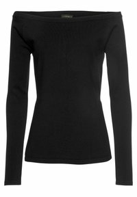 Černý top s dlouhými rukávy a off-the-shoulder designem vyrobený z měkkého, elastického materiálu; má přiléhavý střih a úzké lemování.