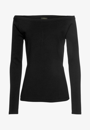 Musta, olkapäältä avonainen pitkähiha toppi, joka on valmistettu pehmeästä ja joustavasta materiaalista; siinä on säädettävä muotoilu ja kapeat reunat.