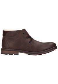 Bottine en cuir marron avec deux œillets et lacets, col matelassé, semelle cousue et talon bas, vue de profil latéral.