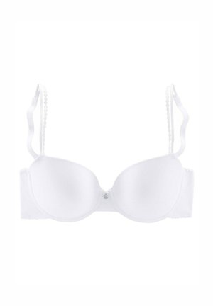 Weißer BH mit vorgeformten Cups, Spitzenkante entlang der Ränder und dünnen verstellbaren Trägern. Mit einem subtilen Logo-Detail in der Mitte vorne.